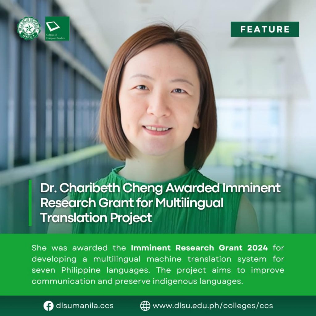 Dr. Charibeth Cheng Awarded with Imminent Research Grant for Multilingual Translation Project